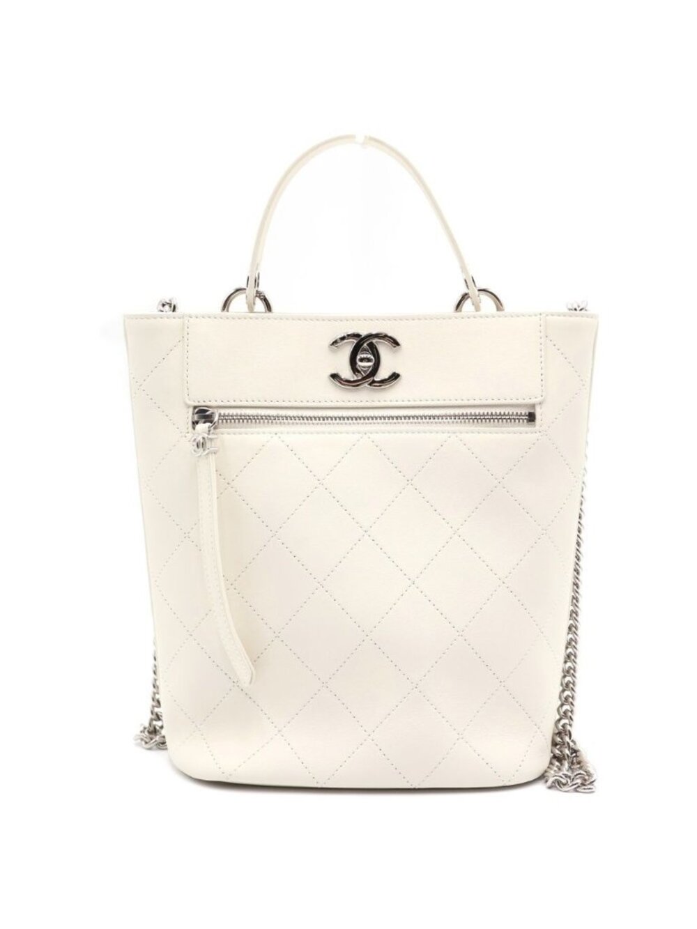 Chanel Quilted CC Logo Leather Bucket Bag 2-Way White 27
